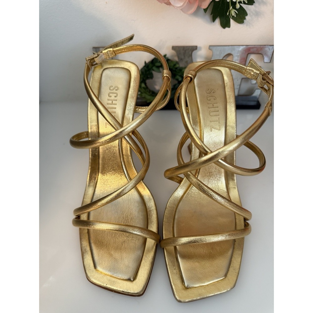 Schutz Womens Lovi Metallic Gold Tone Leather Strappy 4.5" Square Heels Sz 7.5B - Picture 12 of 16